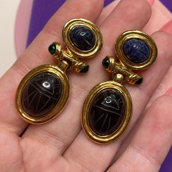 💛 Vintage Givenchy Gripoix Sodalite Carnelian Scarab Necklace Pendant - Picture 3 of 4